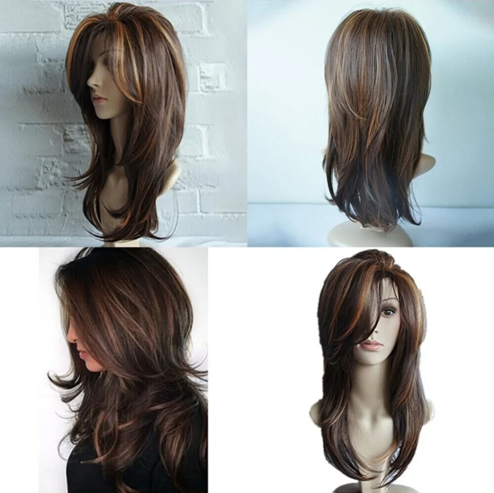 24 Inch Brown Highlight Layered Human Hair Blend Hair Wig